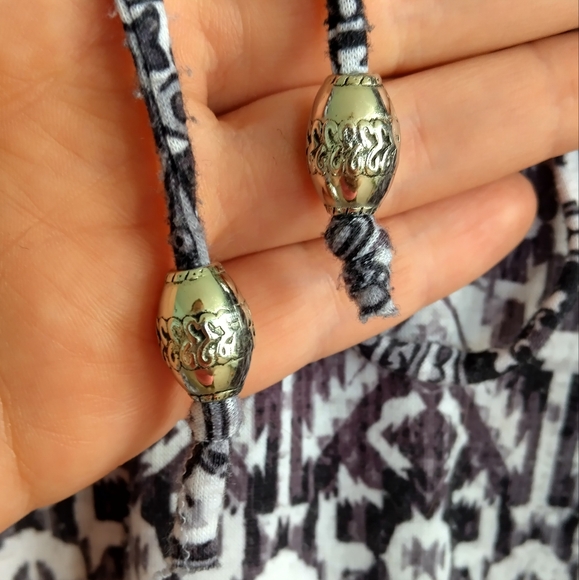 World Unity Boho Blouse Black and White Beaded Tie Front Bell Sleeve Geometric - Picture 3 of 9